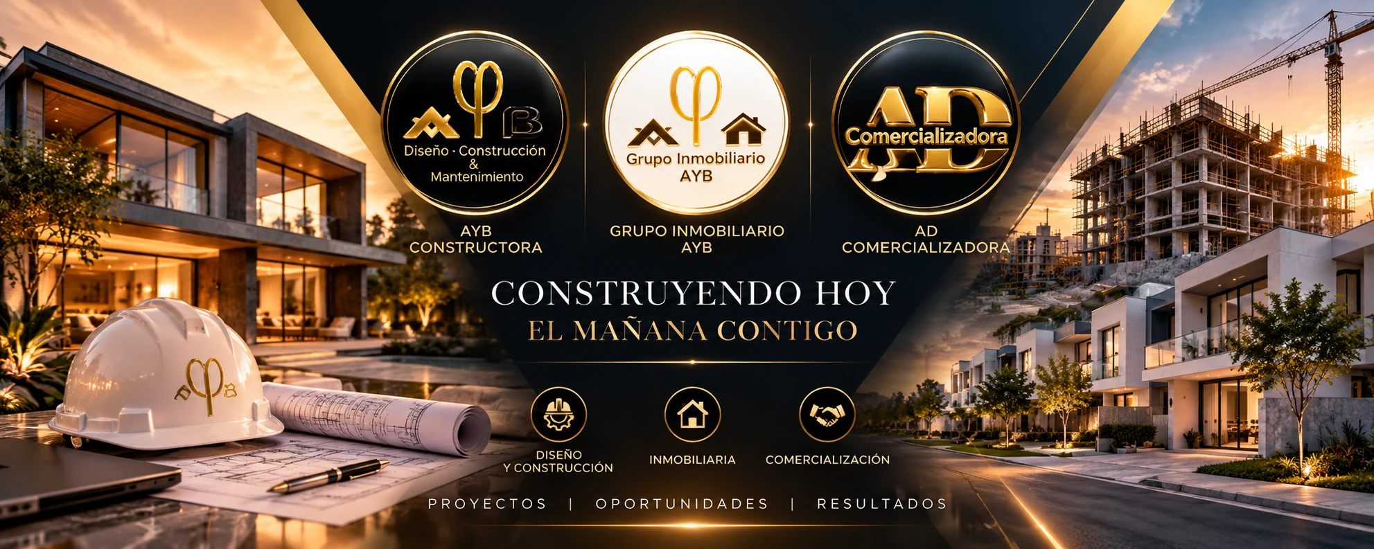 Portada corporativa con las tres empresas: A&B Constructora, Grupo Inmobiliario AYB y AD Comercializadora. Construyendo hoy el mañana contigo.